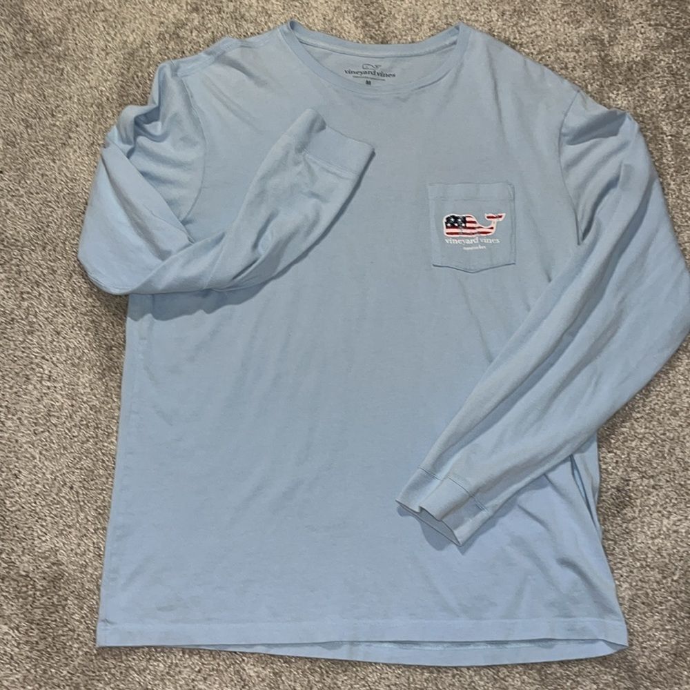 UNC Carolina Blue Nantucket Island Stars Stripes Whale Flag Pocket LS T Shirt M - Picture 5 of 5
